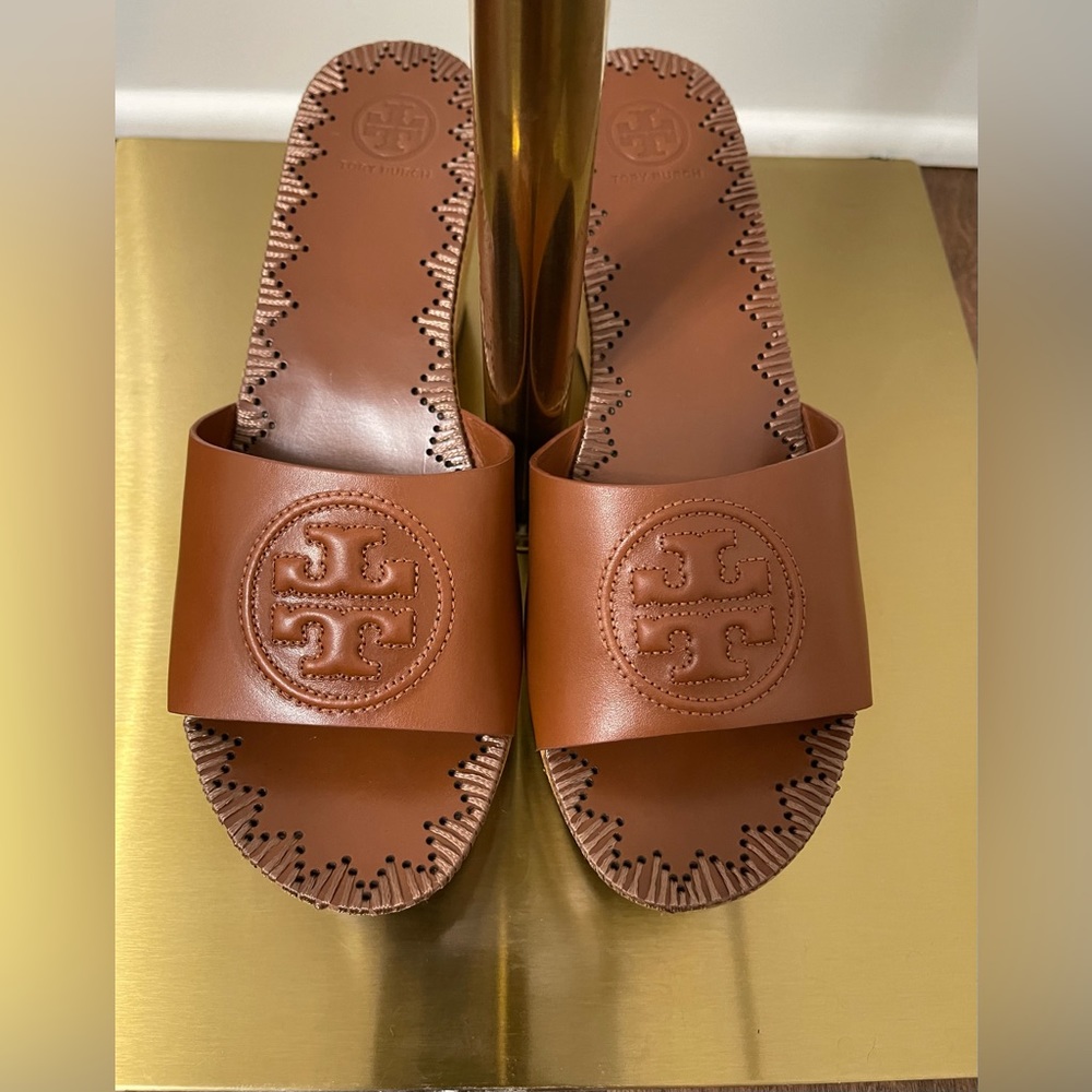 Tory Burch Perfect Cuoio Patty Wedge Platform Leather Sandals Size 9
